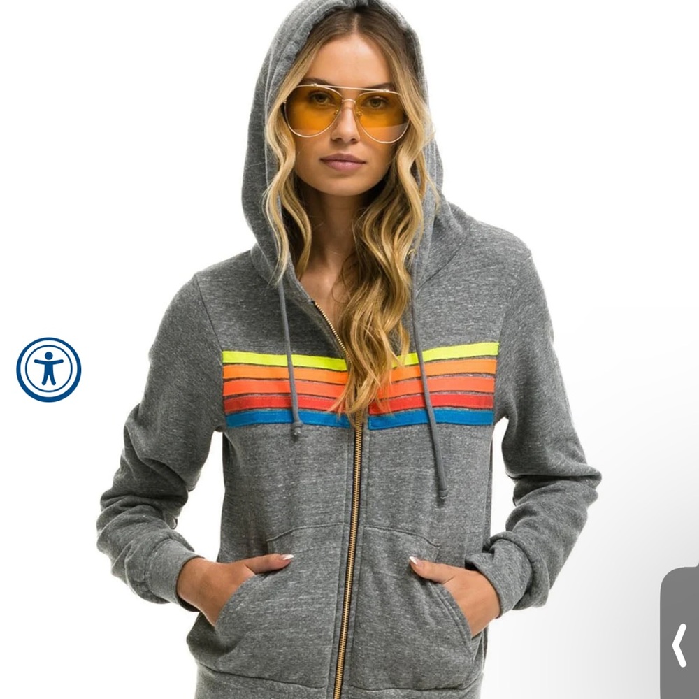 Aviator Nation 5 Stripe Hoodie Heather Grey Neon Rainbow - Size L - NWOT